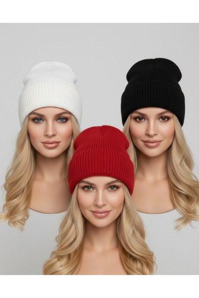 sema aksesuar Unisex 3 Pieces White Red Black Color Winter Beanie - Gift