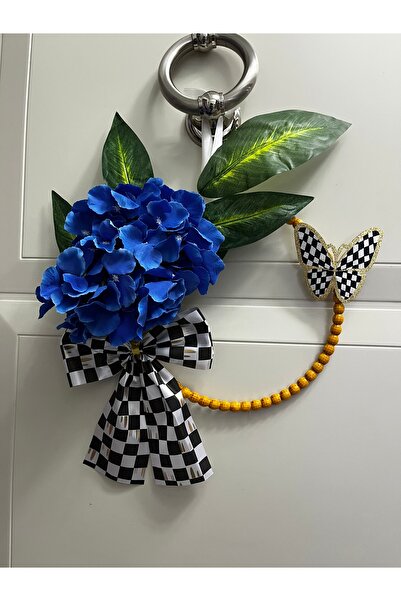 GÜLHOBY Mackenzie Patterned Ribbon Checkered Butterfly Blue Hydrangea Door Or...