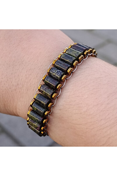 ByKolyeucum Cylinder Cut African Bloodstone and Hematite Stone Bracelet