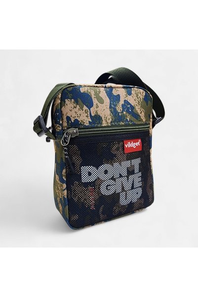 Vildget Medium Size Crossbody Bag with Camouflage Fabric and Slogan Detail Crossbody Bag 18X14X5