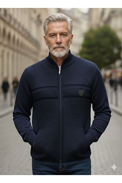 KMKkombin Judge Collar Men's Zip-Up Large Size Double Pocket Dad Cardigan