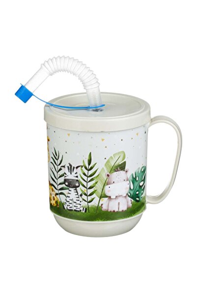 OEM Pahar din Plastic cu Pai & Maner Ecru Animale din Jungla 350ml