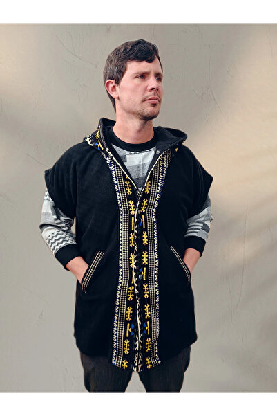 Su Koleksiyon Tuna Hooded Fleece Vest with Kilim Detail / Black