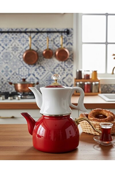 EmayeBurada Porselen Demlikli Kırmızı Emaye Çaydanlık