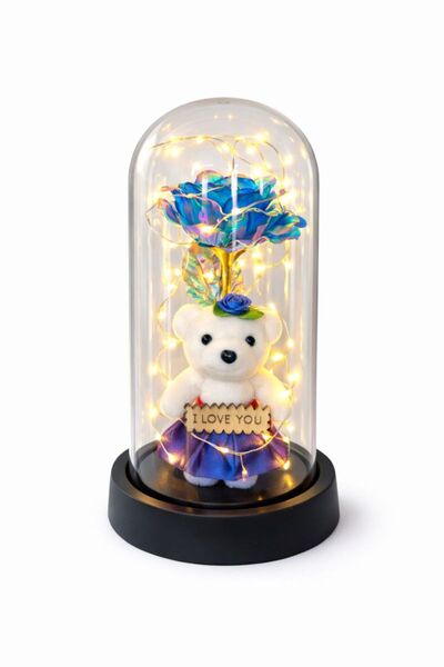 NO BRAND Cupola cu Ursulet si Trandafir Mov Royal, LED Decorativ Romantic, 20x11