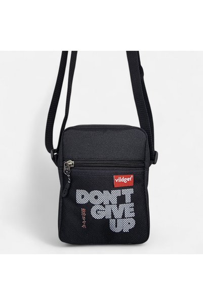 Vildget Black Mesh and Slogan Detailed Crossbody Bag 18X14X5
