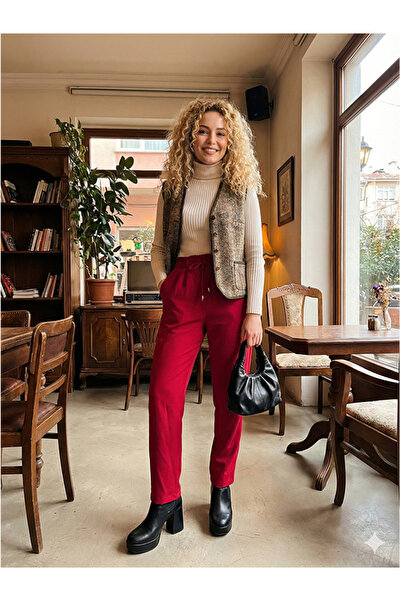 Namaste Vintage Dark Pink Color Waist Lace-Up Fabric Pants with Pockets