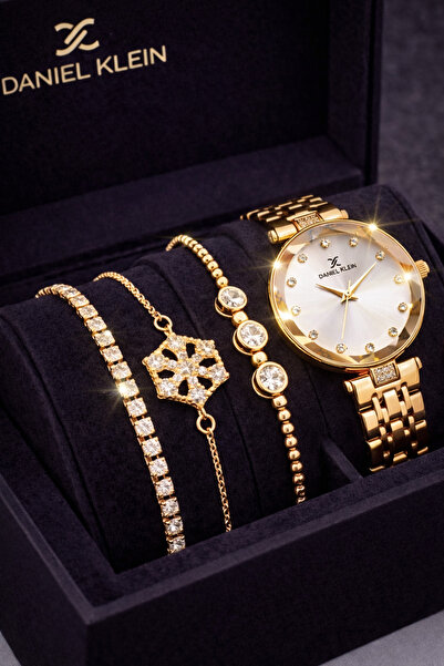 Daniel Klein Marka Altın Renk Orijinal Kadın Kol Saati 3’lü Çelik Bileklik Se...