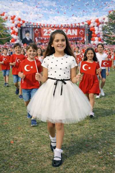 QUESHMA فستان عرض من التول بأكمام قصيرة للفتيات مطبوع