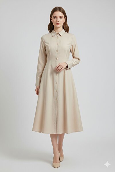 Cara Women's Shirt Dress Tunic Buttoned Long Sleeve Fabric Midi Length Slit