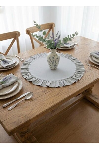 Mery Tekstil Pamuk Polyester Zarif Fırfırlı Yuvarlak Runner 60 CM