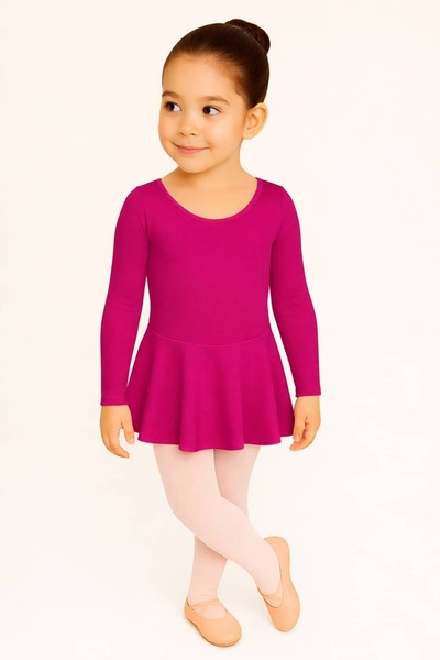 Ada Kostüm Tasarım ملابس باليه بأكمام طويلة باللون الفوشيا مع تنورة - للأطفال