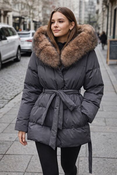 Levin Peak Calm Stone Furline Premium Kürk Yaka Kadın Şişme Mont ( Antrasit S...