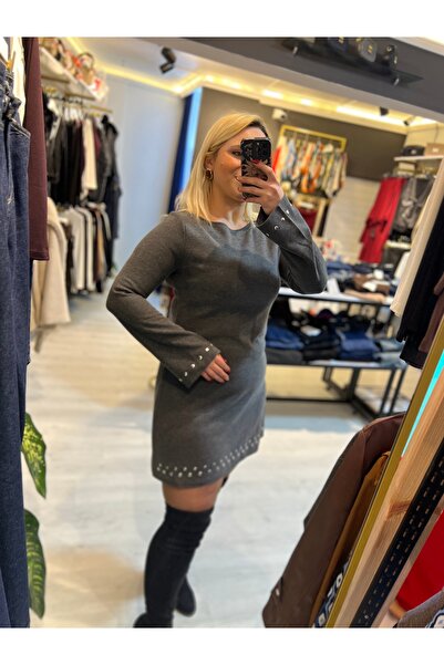 nefes butik Gri Taş Detaylı Uzun Kollu Mini Elbise