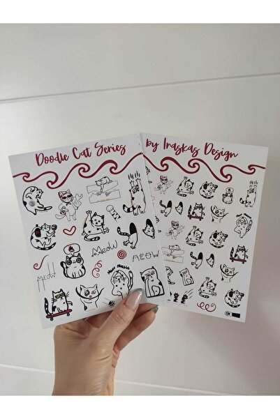 Kedili Sticker Seti – 2 Adet | A5 Boy | El Çizimi Estetik Sticker | Ajanda, Defter, Laptop