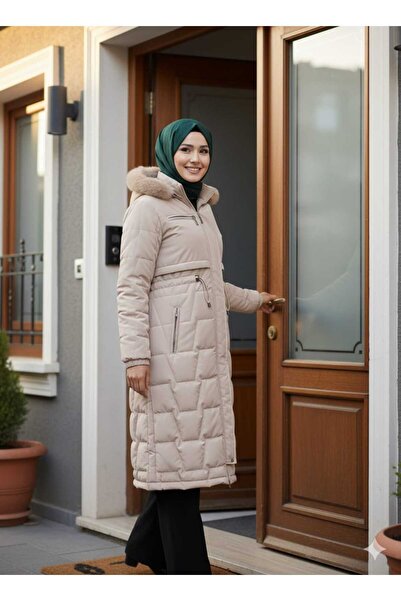 KMKkombin Women's Thermal Large Size Nova Urban Cap Mid-Length Coat 25.55