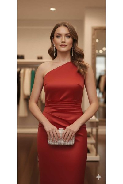 MODA Kırmızının asilliği tek omuz saten premium kalite bel kısmı dırapeli uzun şık saten elbise