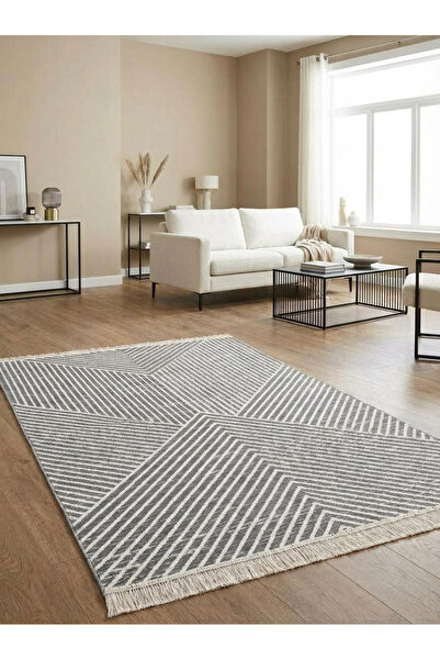 Homz Zigzag Gri Desen Bohem Serisi %100 Pamuk Kilim | Çift Taraflı • Kolay Te...