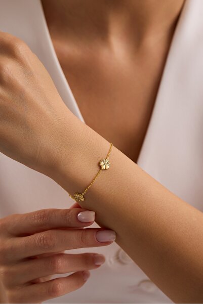 Nereze 925 Ayar Gümüş Gold Kaplama 3'Lü Minimal Kırçiçeği Bileklik