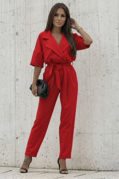 OLSAMODA Women's Shirt with Pocket Detail and Belted Shirt Collar Tulle Jumpsuit