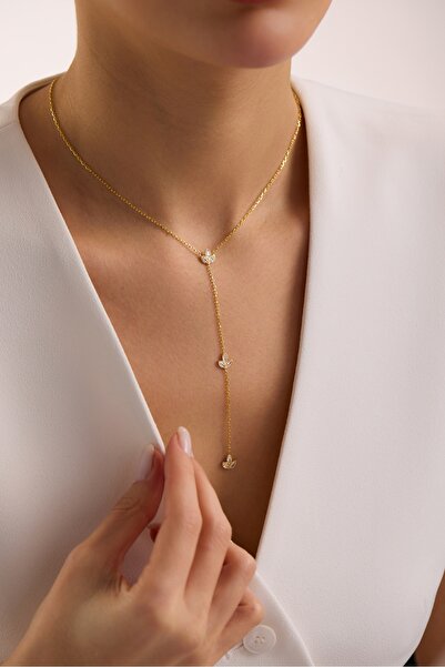 Nereze 925 Ayar Gümüş Gold Kaplama Y Model Lotus Çiçeği Kolye