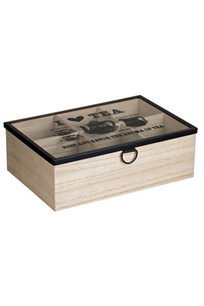 OEM Wooden Box with 6 Compartments & Glass for Tea Bags 24x16x8cm
