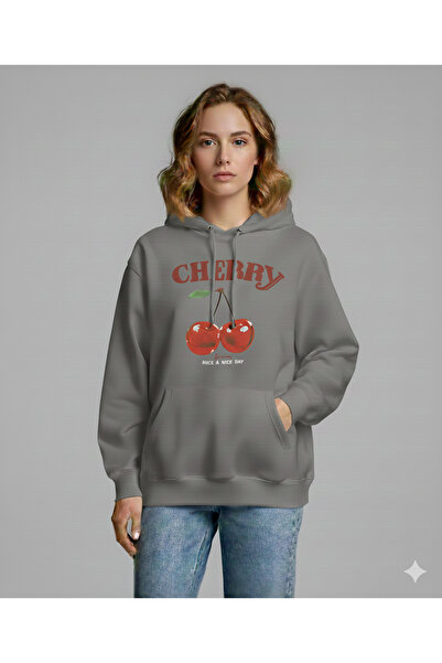 ALİ.COM Cherry-Happy Printed Hooded Pocket Cotton Oversized Unisex Thick Wint...