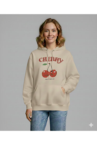 ALİ.COM Cherry-Happy Printed Hooded Pocket Cotton Oversized Unisex Thick Wint...
