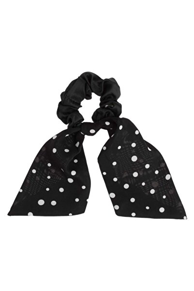 OEM Black Satin Hair Scrunchie with Polka Dots & Ribbons for Women
