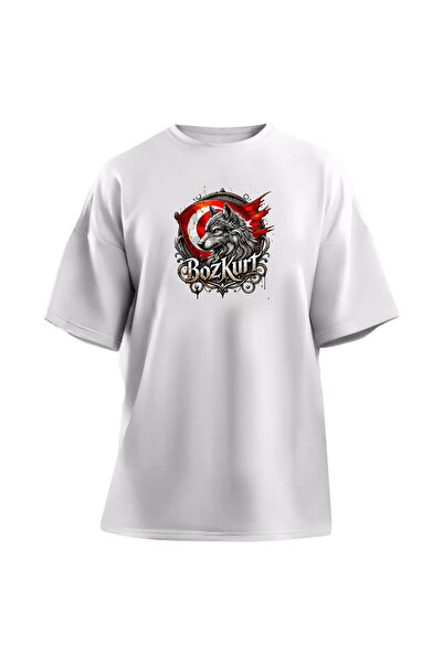 Gadali Unisex Oversize μπλουζάκι με στάμπα Bozkurt, καθημερινό κοντομάνικο μπ...