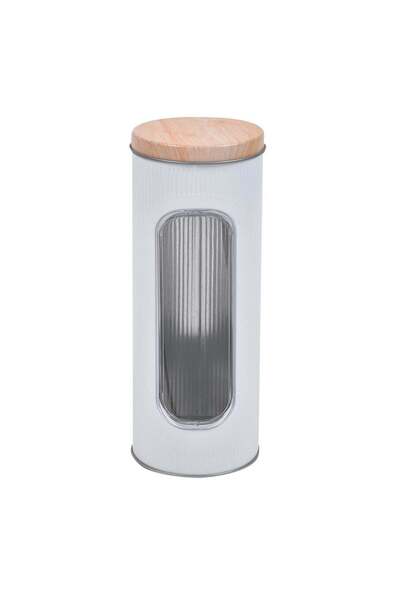 OEM White Cylinder Metal Storage Box with Window & Beige Lid Ø8.5x22.5cm