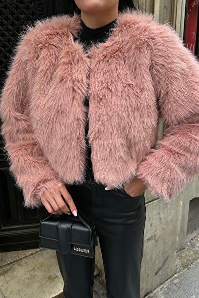 XXL BUTİK Kadın Pembe Yumuşak Dokulu Kısa Kürk Mont ESR008