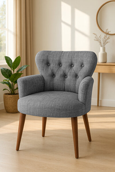 WATERYBROOK Modern Keten Kumaş Berjer Koltuk | Demonte | Ceviz Ayaklı Tekli K...