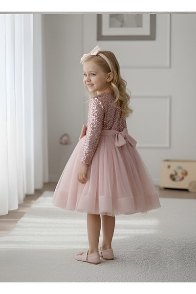 Mixie Birthday Party Evening Dress with Long Sleeves, Sequined Velvet Buckle Gten Skirt