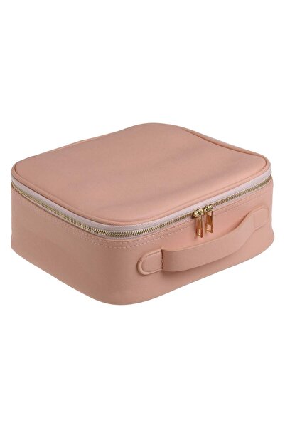 OEM Pink Faux Leather Makeup Case with Dividers & Brush Pouches 26x23x10cm