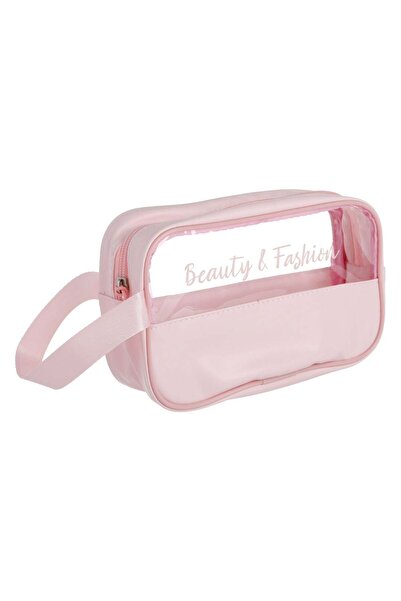 OEM Portfard Transparent Roz cu Imprimeu "Beauty & Fashion" & Maner 22x6x11,5cm