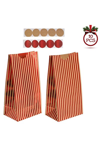 OEM Red Kraft Paper Sweet Bags with Foil Stripes & Stickers 12x8x23cm - 10pcs