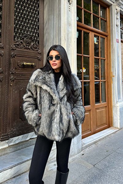 XXL BUTİK Γυναικείο γκρι παλτό από γούνα oversize με τσέπες με κουμπώματα και...