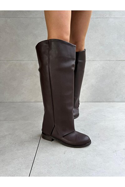 Elvinin Tarzı Wilma Bitter Brown Leather Long Low Heeled XL Women's Boots