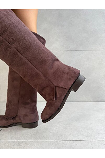 Elvinin Tarzı Wilma Bitter Brown Suede Long Low Heeled XL Women's Boots