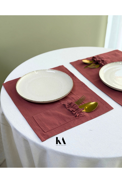 KaiAtelier 2li Rosa Cepli Keten Fırfır Detaylı Amerikan Servis/ Supla