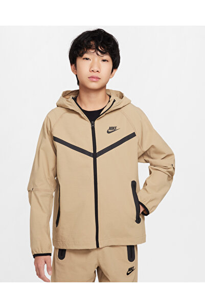 Nike Sportswear Tech flecee paraşüt kumas bej çocuk ceket bol kalıp