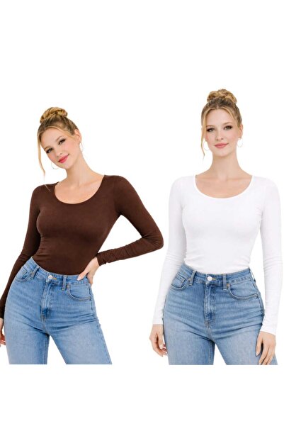 MODARENGİN بلوزة نسائية ذات أكمام طويلة وياقة راقصة الباليه باللونين البني وا...