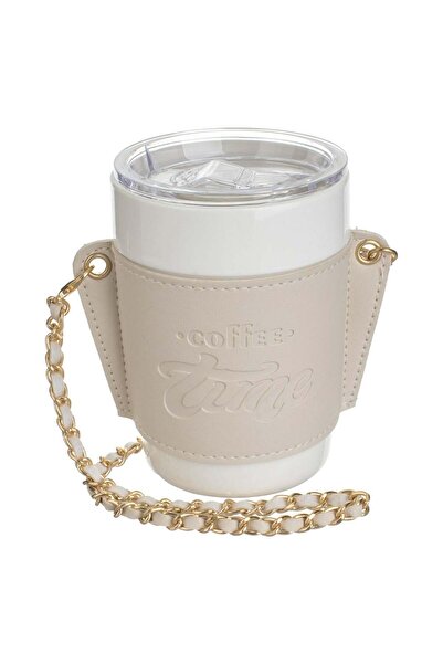 OEM Beige Ceramic Mug with Faux Leather Sleeve & Chain 420ml