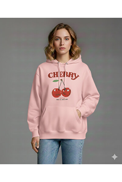 ALİ.COM Cherry-Happy Printed Hooded Pocket Cotton Oversized Unisex Thick Wint...