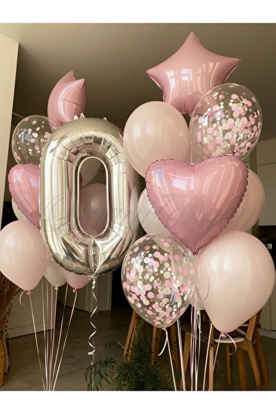 Organizasyon Pazarı Silver Number 0 Balloon Set Pink Heart Star Confetti Birt...