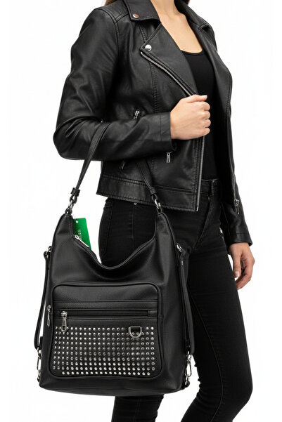 Çanta Trend Soft Textured Black Shoulder Bag with Leather-Look Staple Detail ...