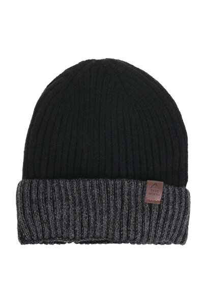 OEM Men's "True North" Black Grey Knit Beanie with Fleece Lining & PU Patch
