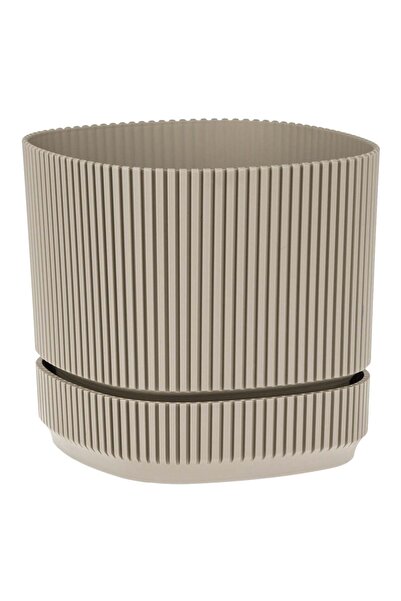 OEM Ghiveci din Plastic Patrat Bej cu Dungi & Farfurie Incorporata 21x21x19cm...