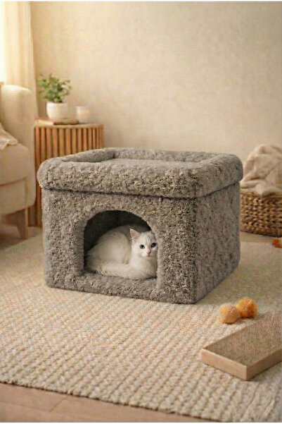 eda hacıoğlu edam bedding group Gri Teddy Kumaşlı Kedi Evi Yumuşak Peluş Kapa...